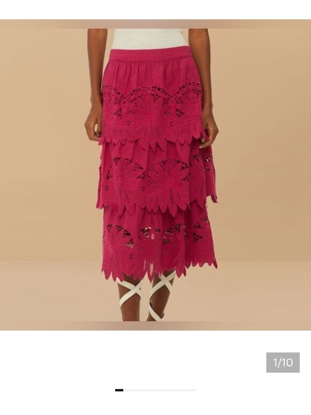 Farm Rio Pink Daisy Embroidered Midi Tiered Lined Linen Skirt NWOT